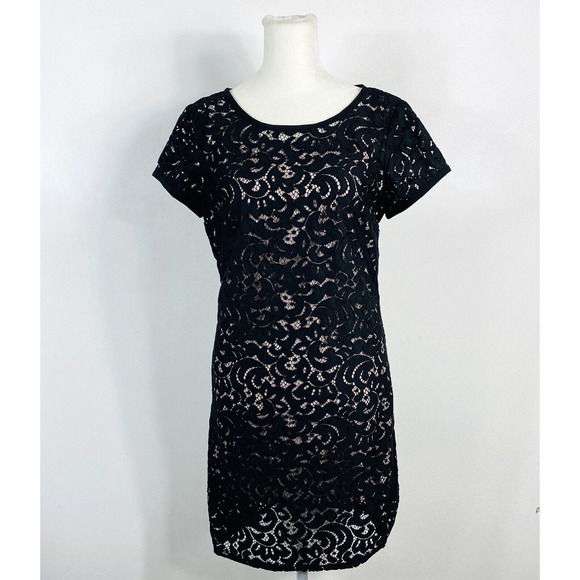 Ann Taylor LOFT Size 2 Black Lace Overlay Mini Dress Short Sleeve Party Event - Picture 1 of 5